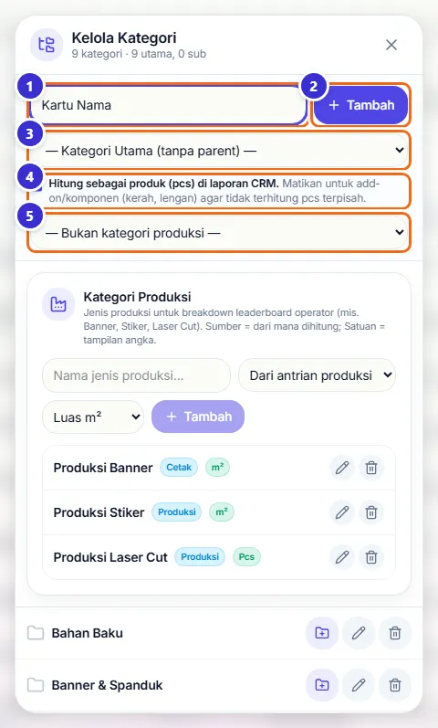 Jendela Kelola Kategori dengan kolom nama kategori baru dan tombol Tambah