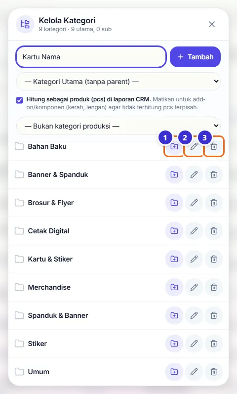 Daftar kategori dengan tombol sub-kategori, edit, dan hapus di baris Bahan Baku