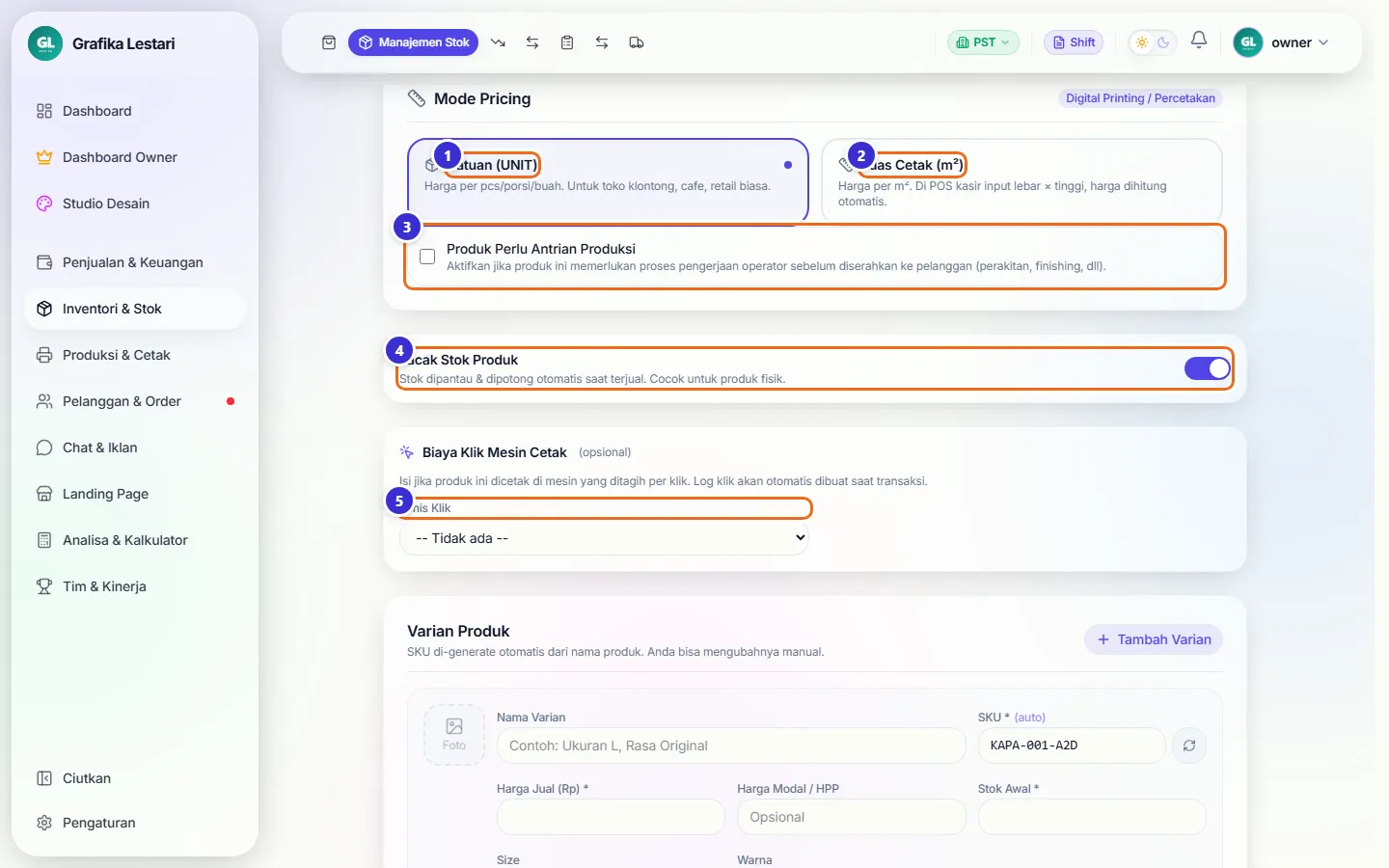 Bagian Mode Pricing dengan pilihan Satuan (UNIT) dan Luas Cetak (m²), centang Produk Perlu Antrian Produksi, dan sakelar Lacak Stok Produk
