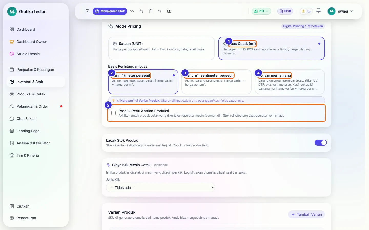 Mode Pricing Luas Cetak dipilih dengan basis Per m²