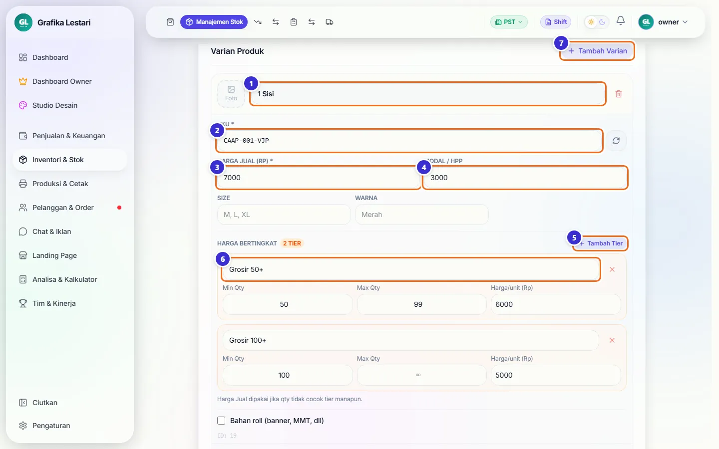 Kartu varian 1 Sisi di halaman edit dengan dua tier harga bertingkat