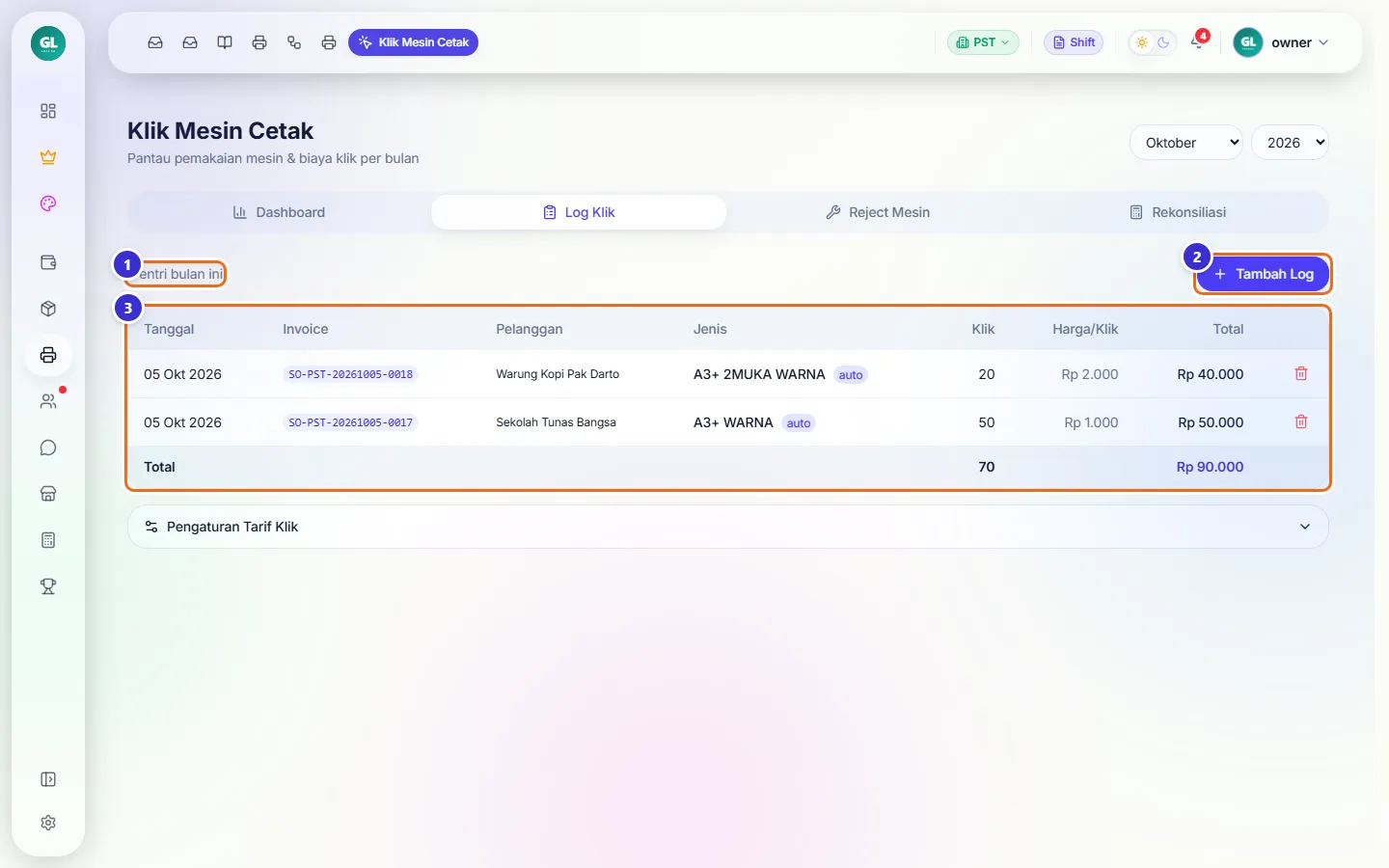 Tab Log Klik dengan dua entri otomatis