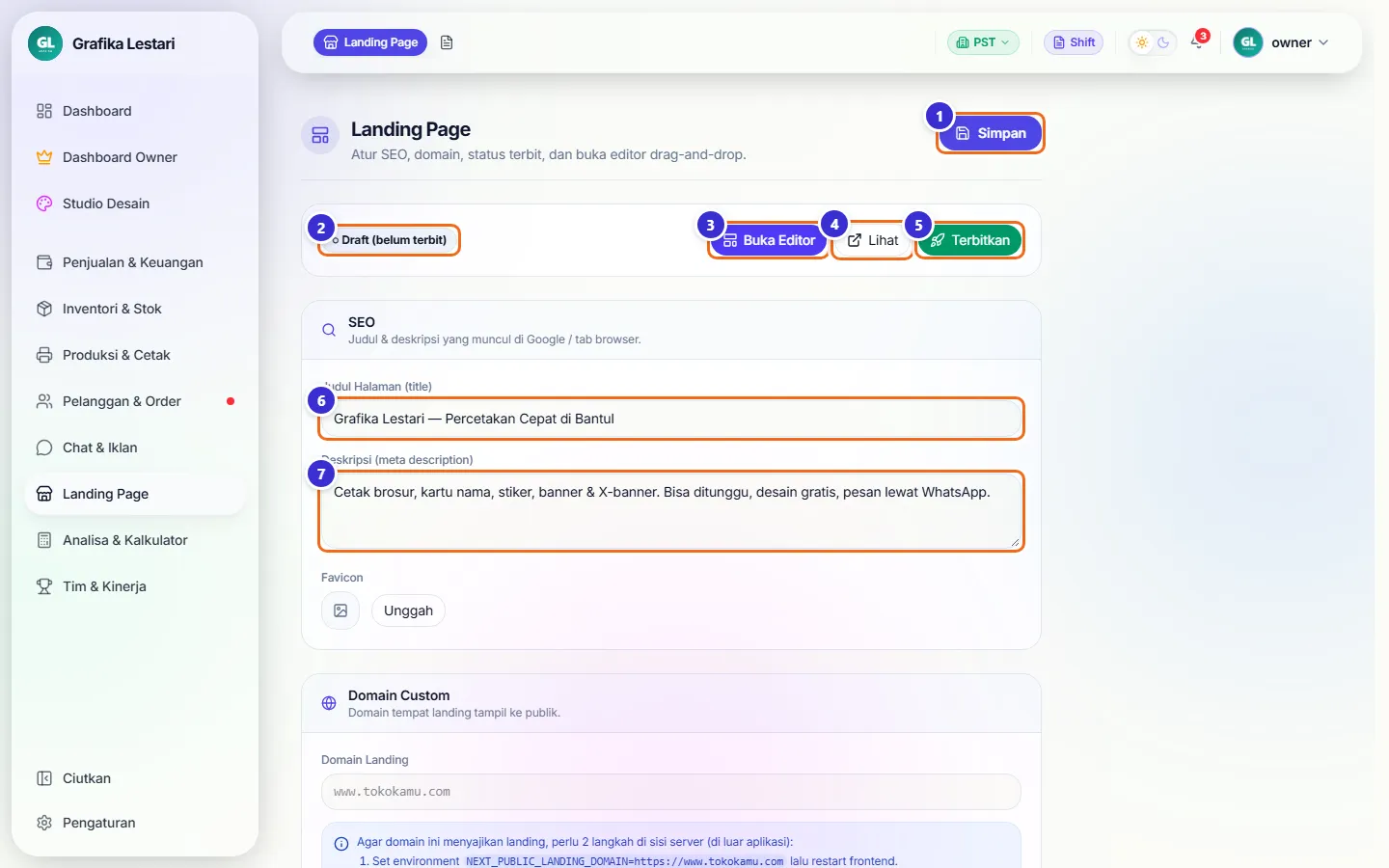 Halaman pengaturan Landing Page dengan status draft dan kolom SEO