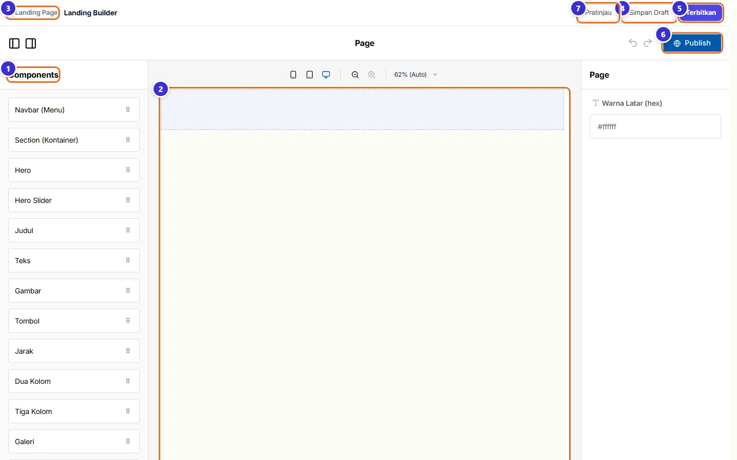 Editor Landing Builder yang masih kosong