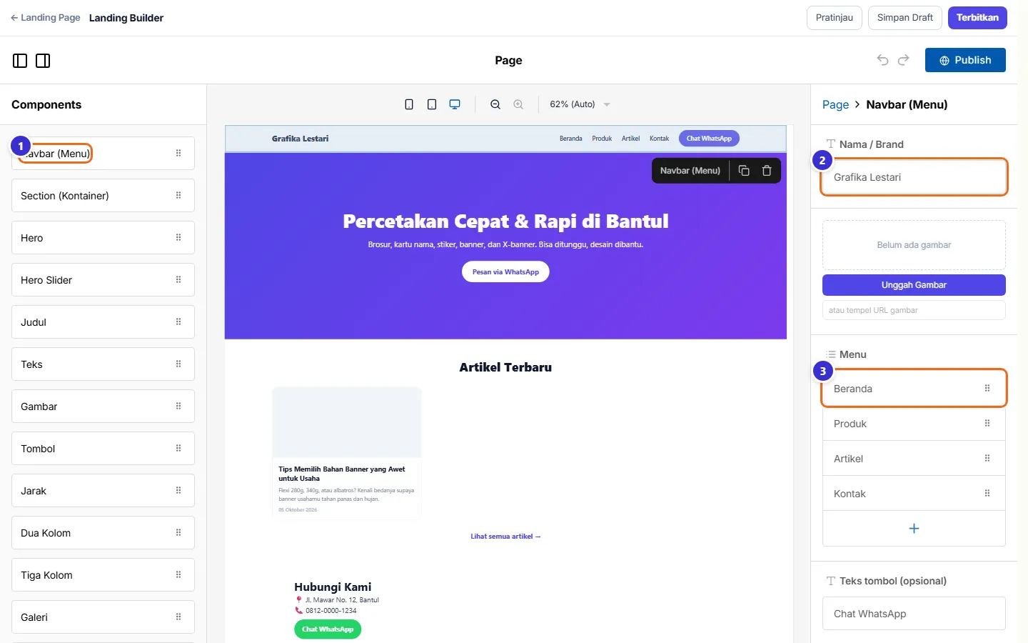 Blok Navbar di kanvas dengan isian di panel kanan