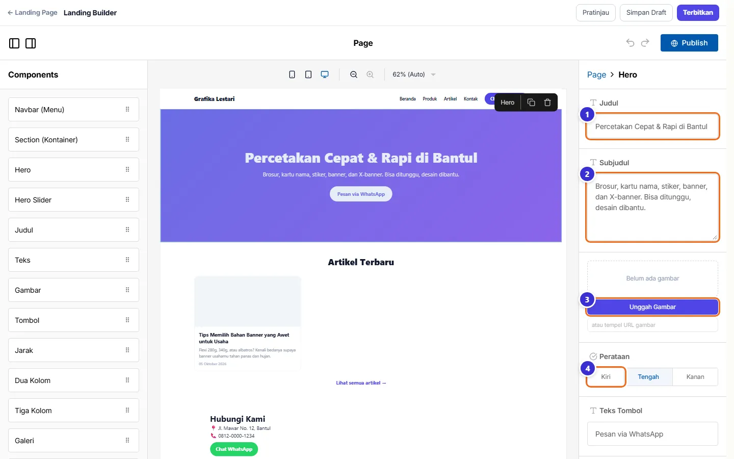 Blok Hero dipilih dengan isian judul dan subjudul