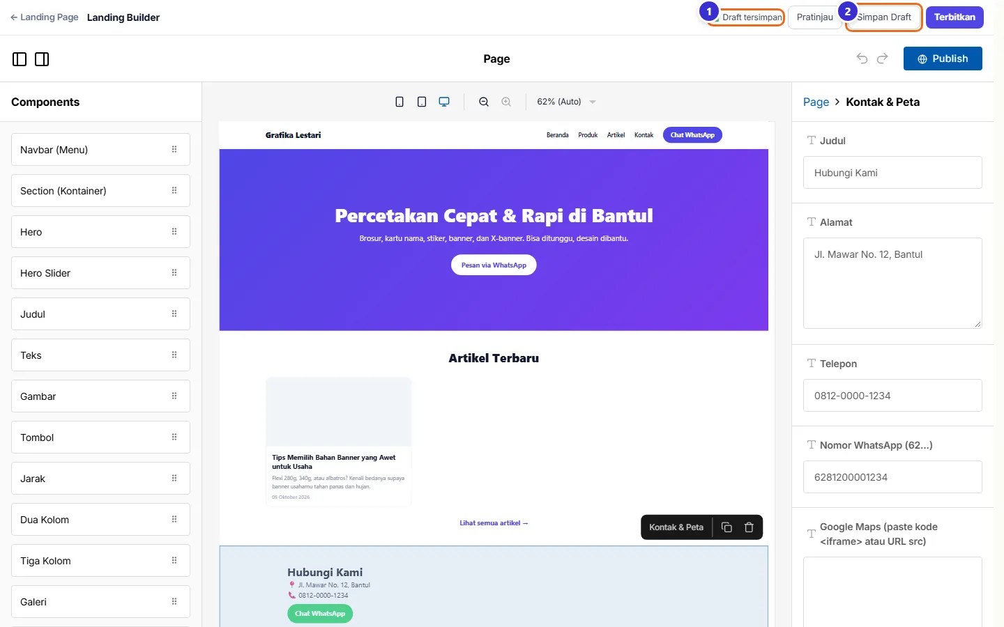 Tulisan Draft tersimpan di bilah atas editor
