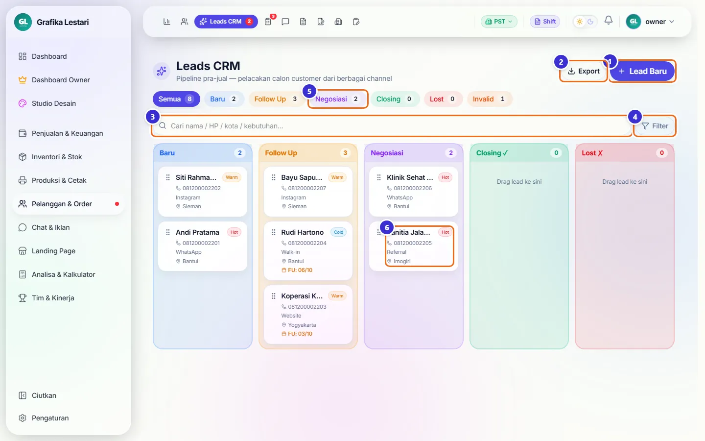 Papan Leads CRM berbentuk kanban dengan kolom Baru, Follow Up, Negosiasi, Closing, Lost