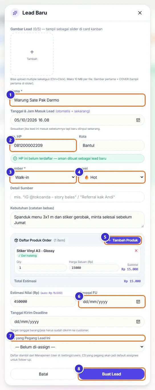 Form Lead Baru berisi nama, nomor HP, sumber, level, kebutuhan, daftar produk, tanggal, dan CS