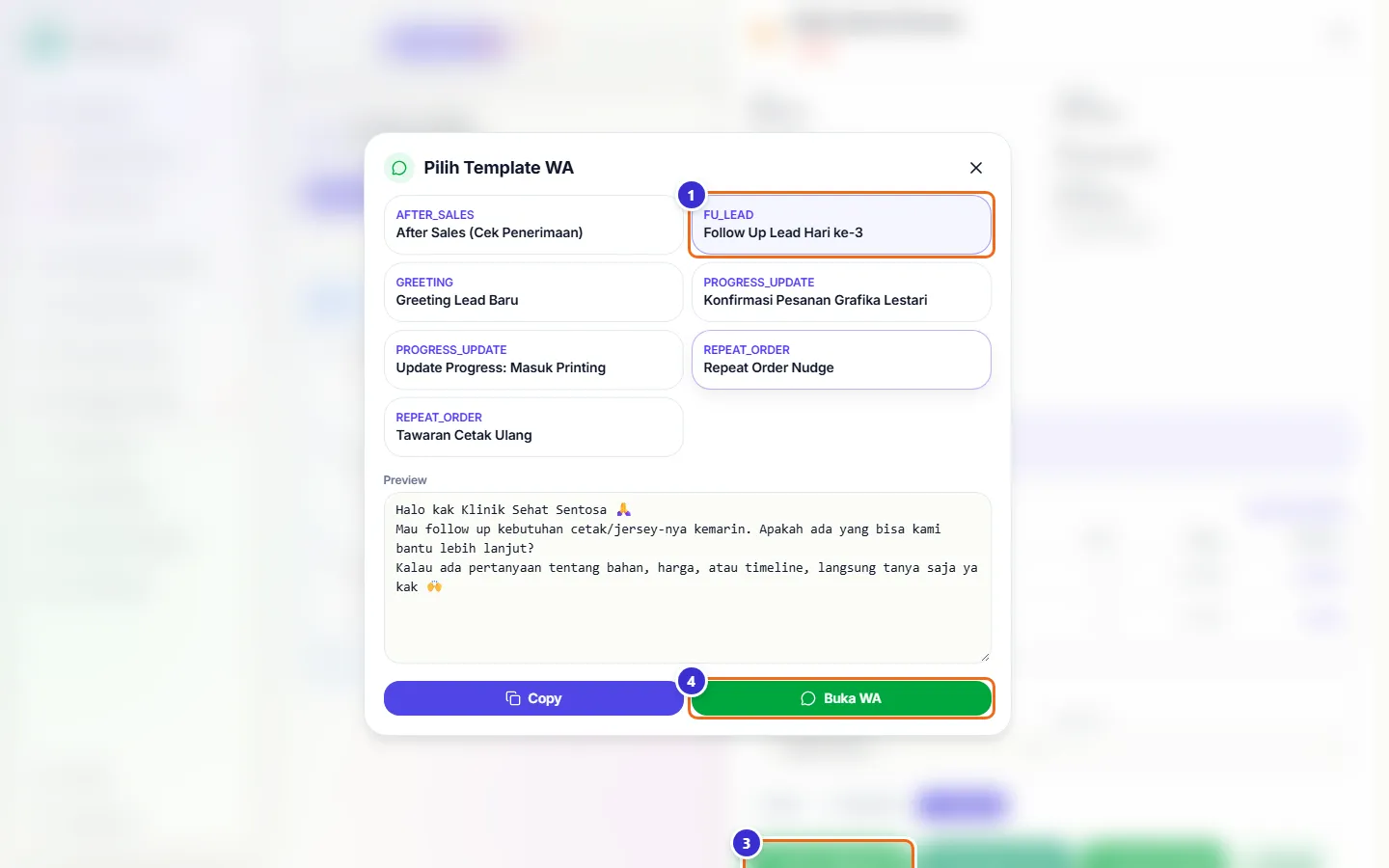 Jendela Pilih Template WA dengan pratinjau pesan