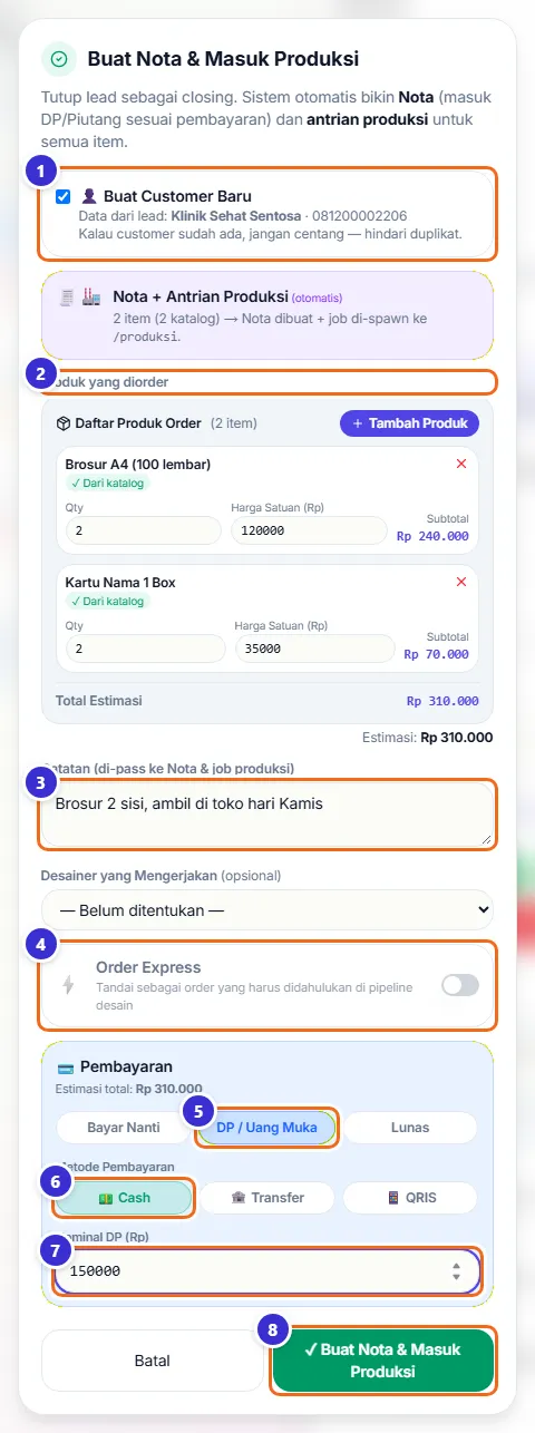 Jendela Buat Nota & Masuk Produksi dengan pilihan pelanggan, produk, catatan, dan pembayaran DP