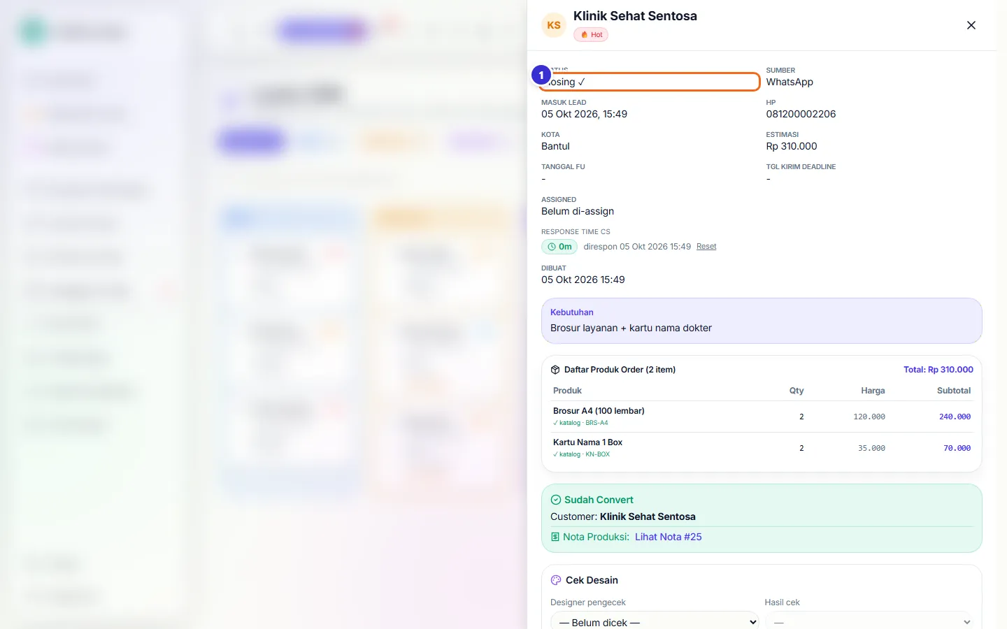 Detail lead berstatus Closing dengan kotak Sudah Convert