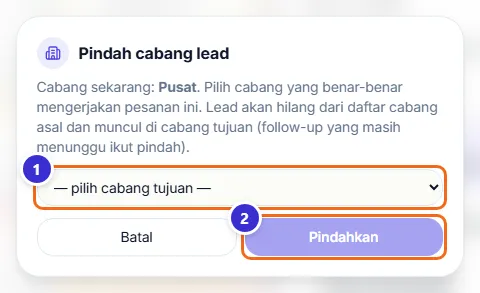 Jendela Pindah cabang lead