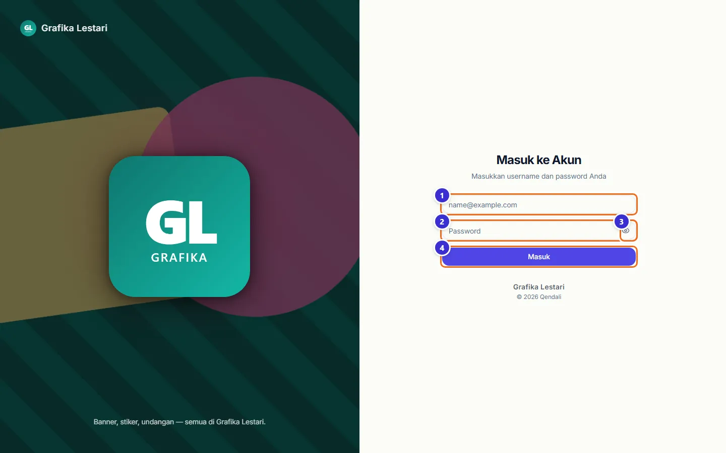 Layar Masuk ke Akun dengan kolom email, kolom password, dan tombol Masuk