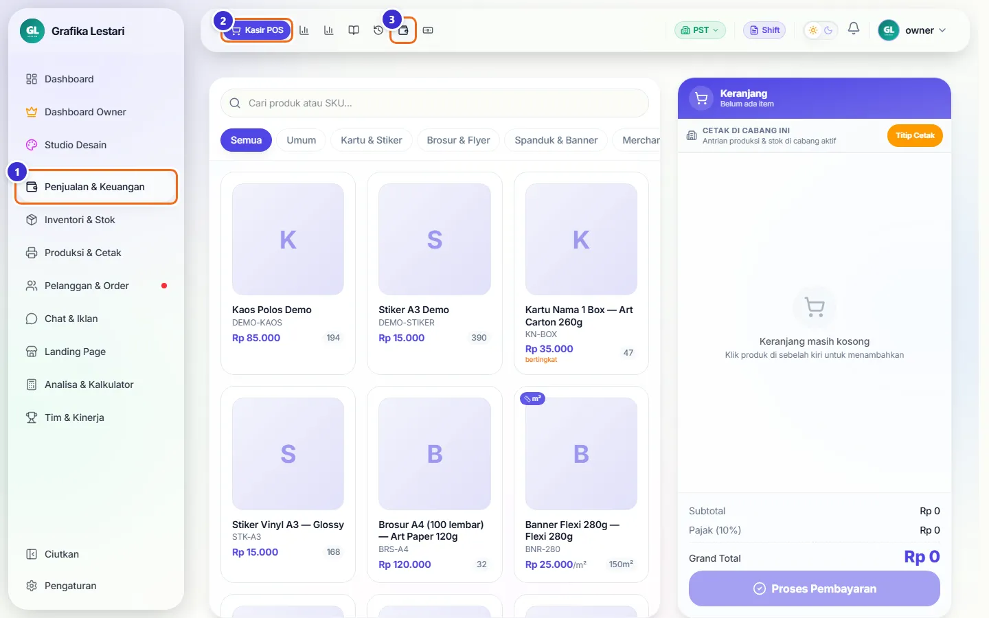 Kelompok Penjualan & Keuangan aktif dan deretan ikon submenu di baris atas