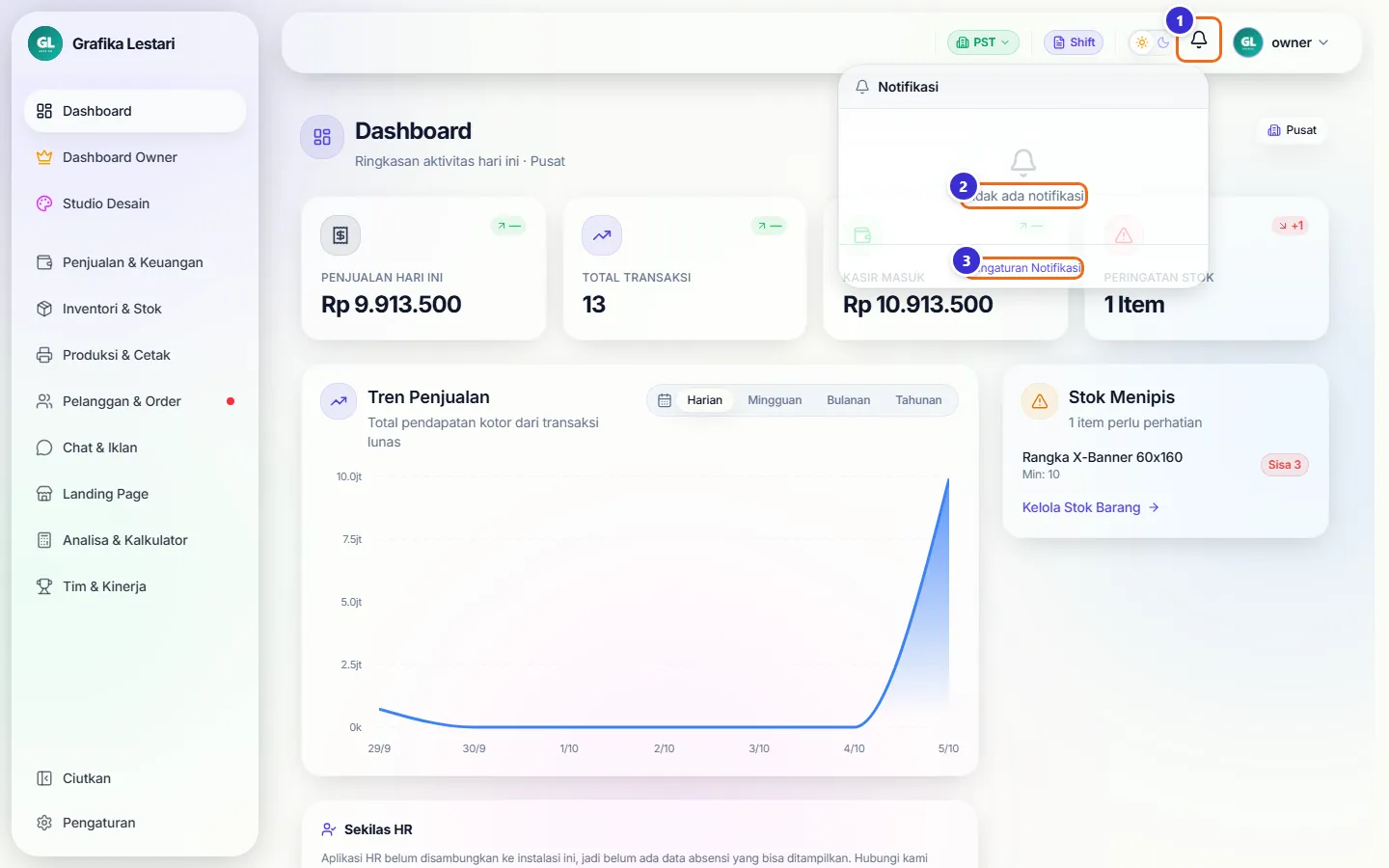 Panel Notifikasi terbuka dengan tulisan Tidak ada notifikasi