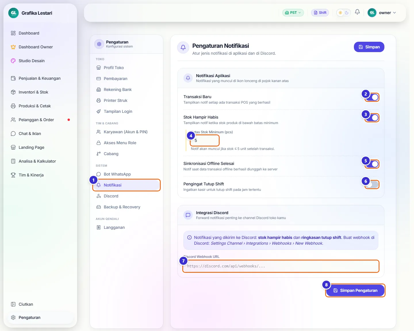 Halaman Pengaturan Notifikasi dengan sakelar notifikasi aplikasi dan kolom webhook Discord