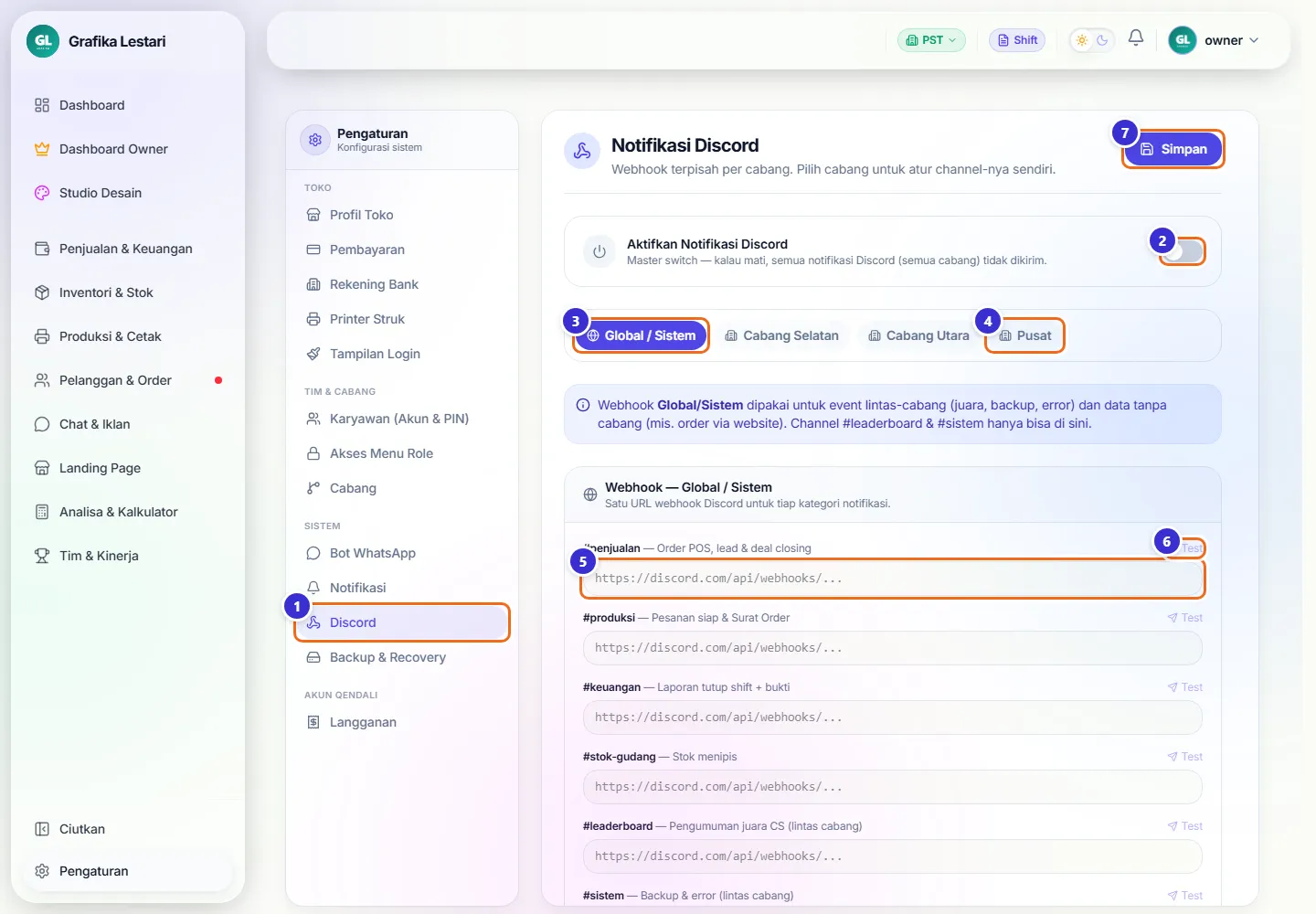 Halaman Notifikasi Discord dengan sakelar utama, pilihan cabang, dan kolom webhook per channel