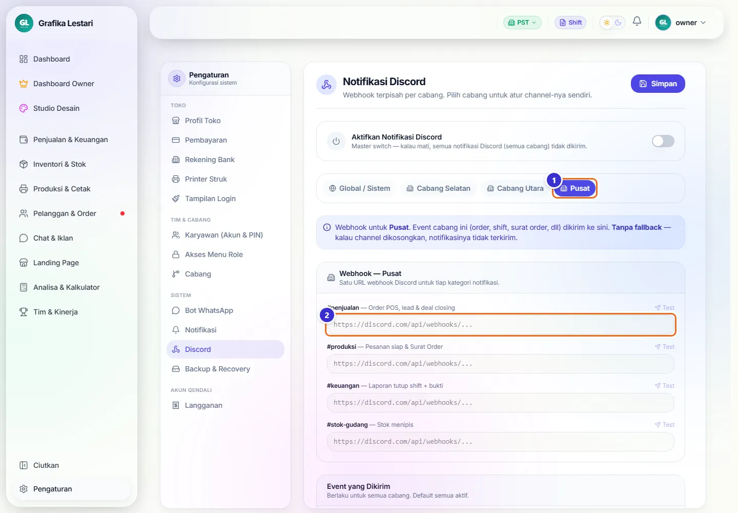 Tab Pusat terpilih dengan kolom webhook penjualan, produksi, keuangan, dan stok