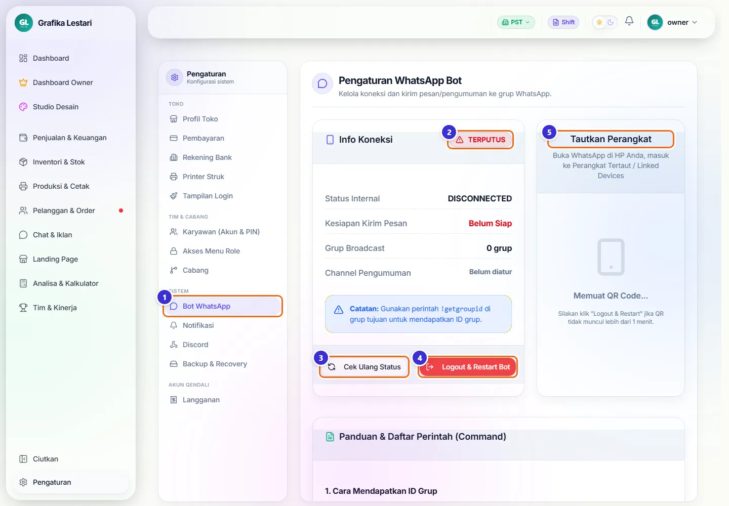 Halaman Pengaturan WhatsApp Bot berstatus Terputus dengan kotak Tautkan Perangkat