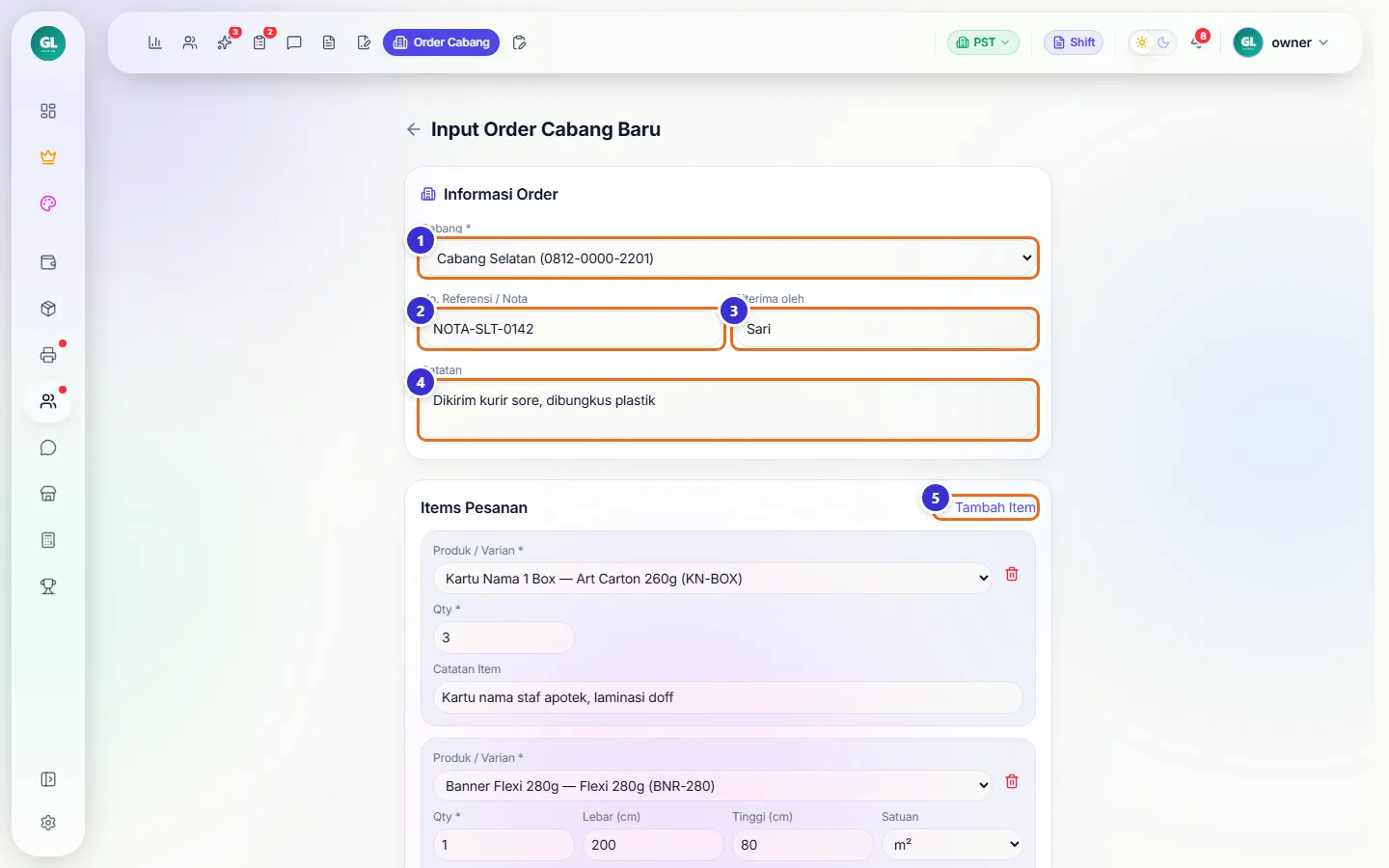 Formulir Input Order Cabang Baru bagian informasi