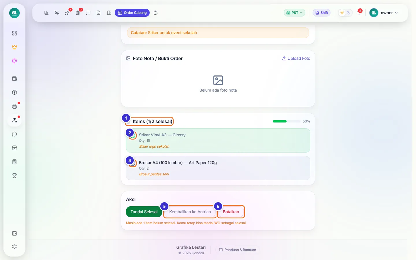 WO berstatus Proses dengan satu item tercentang