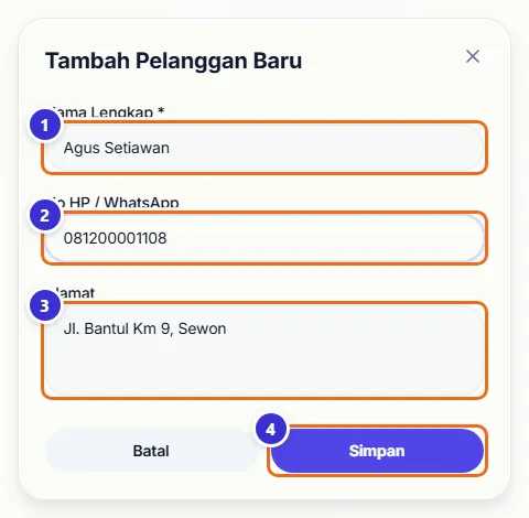 Form Tambah Pelanggan Baru berisi nama, nomor HP, dan alamat