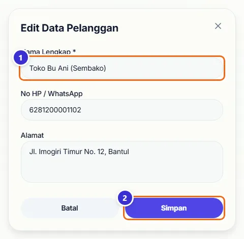 Form Edit Data Pelanggan dengan nama Toko Bu Ani (Sembako)