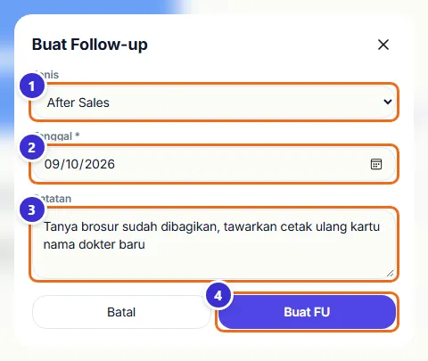 Form Buat Follow-up berisi jenis, tanggal, dan catatan