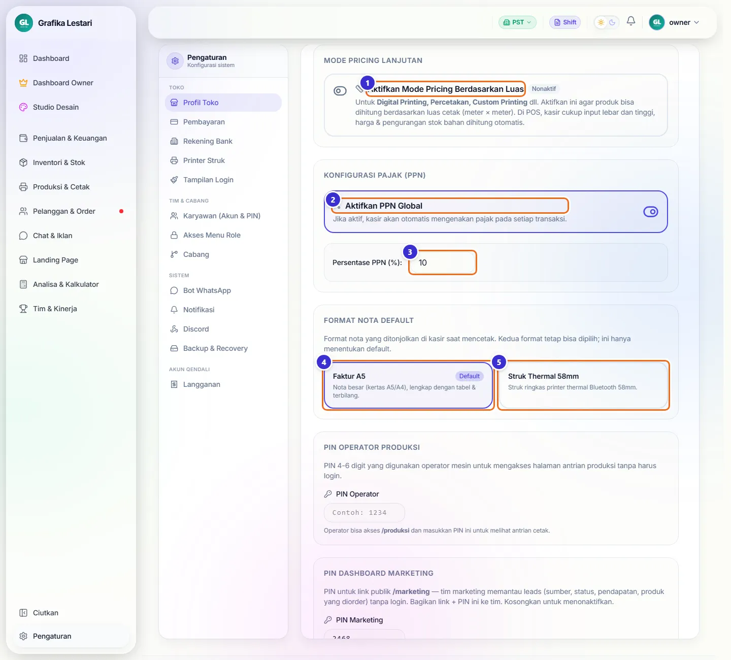 Bagian Mode Pricing Lanjutan, Konfigurasi Pajak PPN aktif 10 persen, dan Format Nota Default