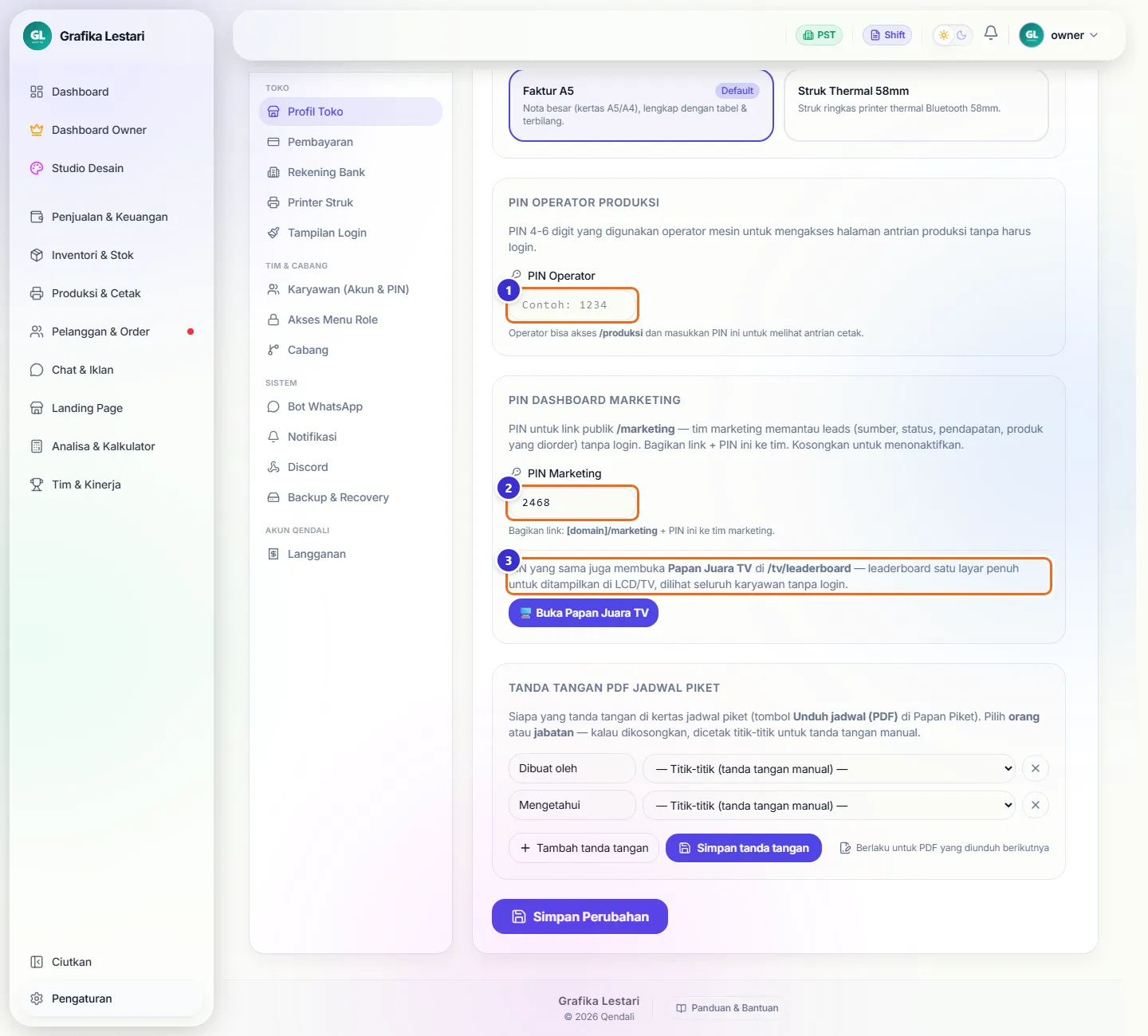 Bagian PIN Operator Produksi dan PIN Dashboard Marketing