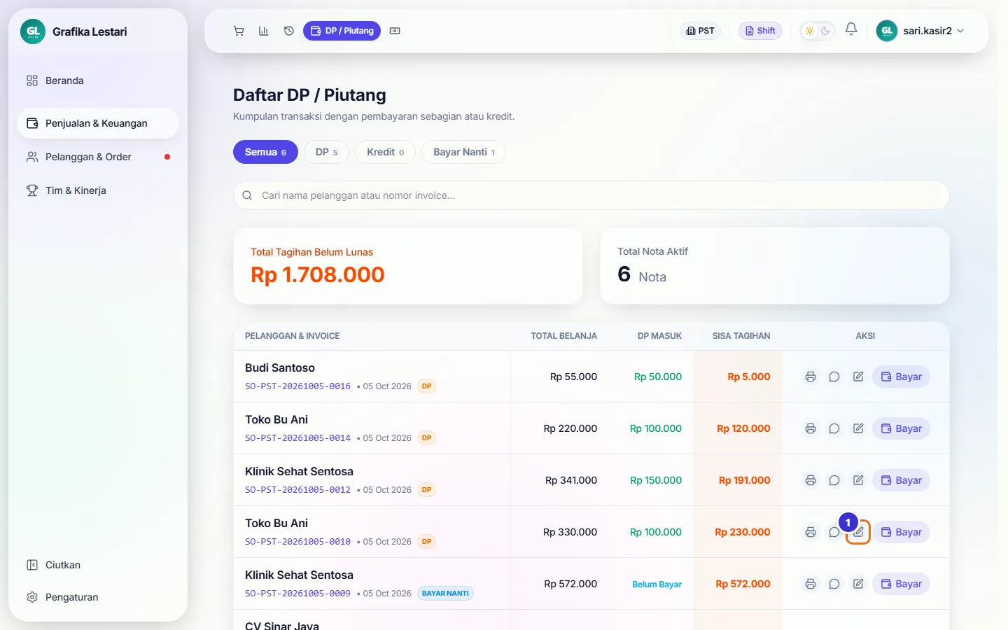 Daftar DP / Piutang dilihat kasir dengan ikon pensil Ajukan Perubahan ditandai