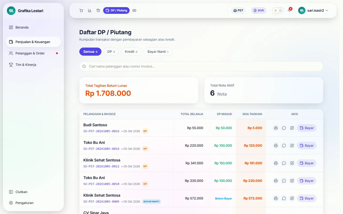 Daftar DP / Piutang dilihat kasir setelah pengajuan, nota Toko Bu Ani masih Rp 330.000