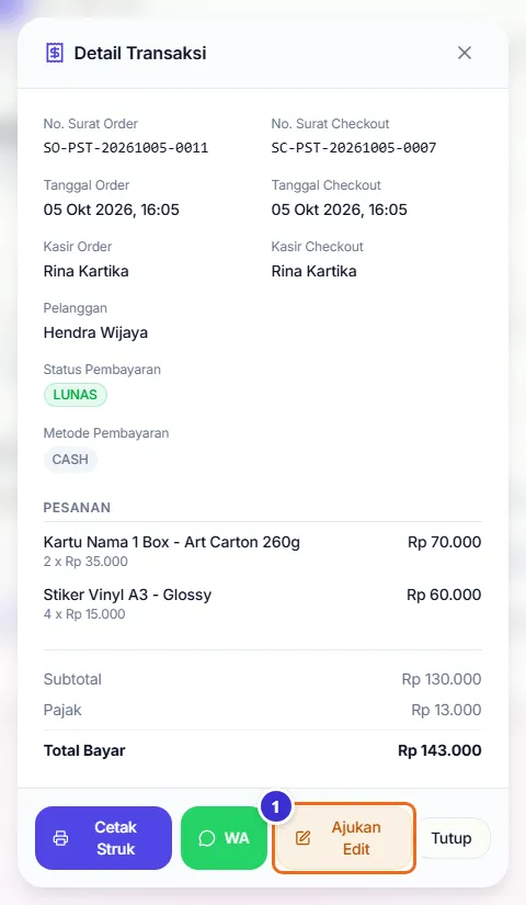 Jendela Detail Transaksi nota lunas dengan tombol Ajukan Edit