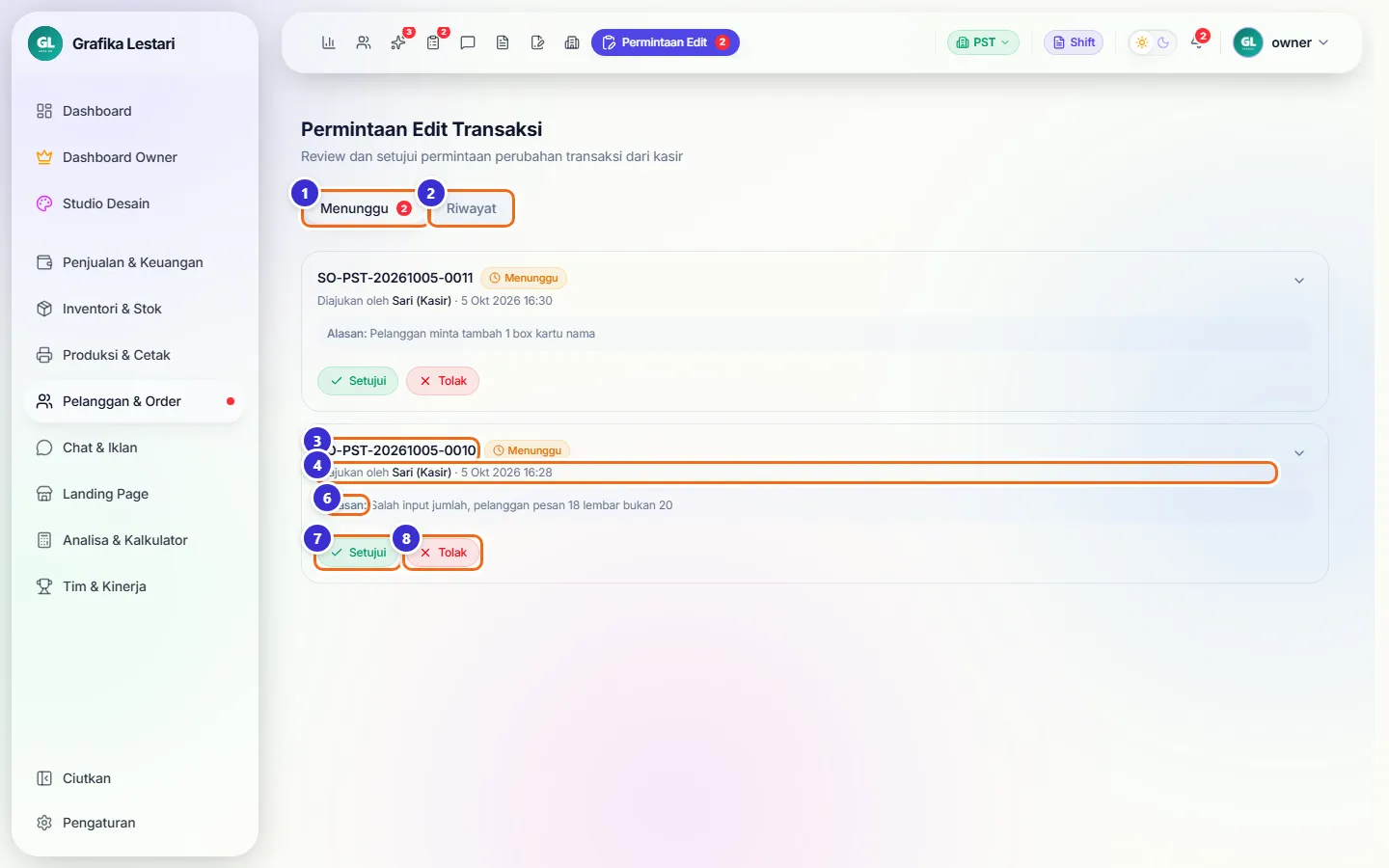 Halaman Permintaan Edit Transaksi dengan dua permintaan menunggu