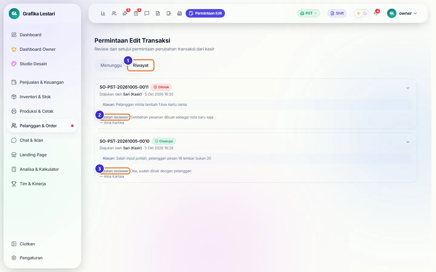 Tab Riwayat berisi satu permintaan Ditolak dan satu Disetujui dengan catatan reviewer