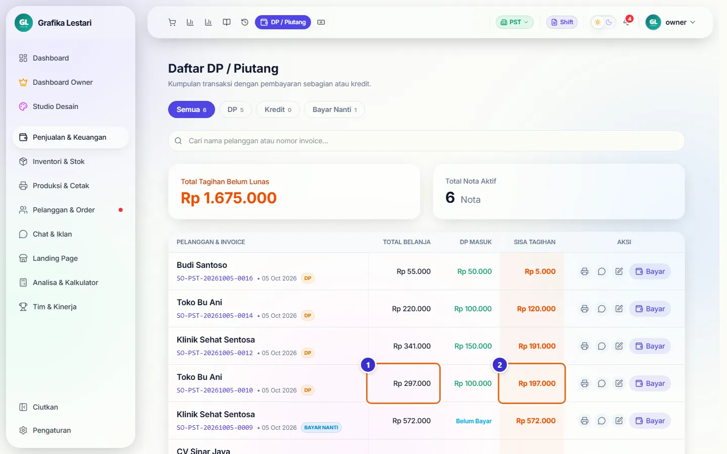 Daftar DP / Piutang dengan nota Toko Bu Ani bertotal Rp 297.000 dan sisa Rp 197.000