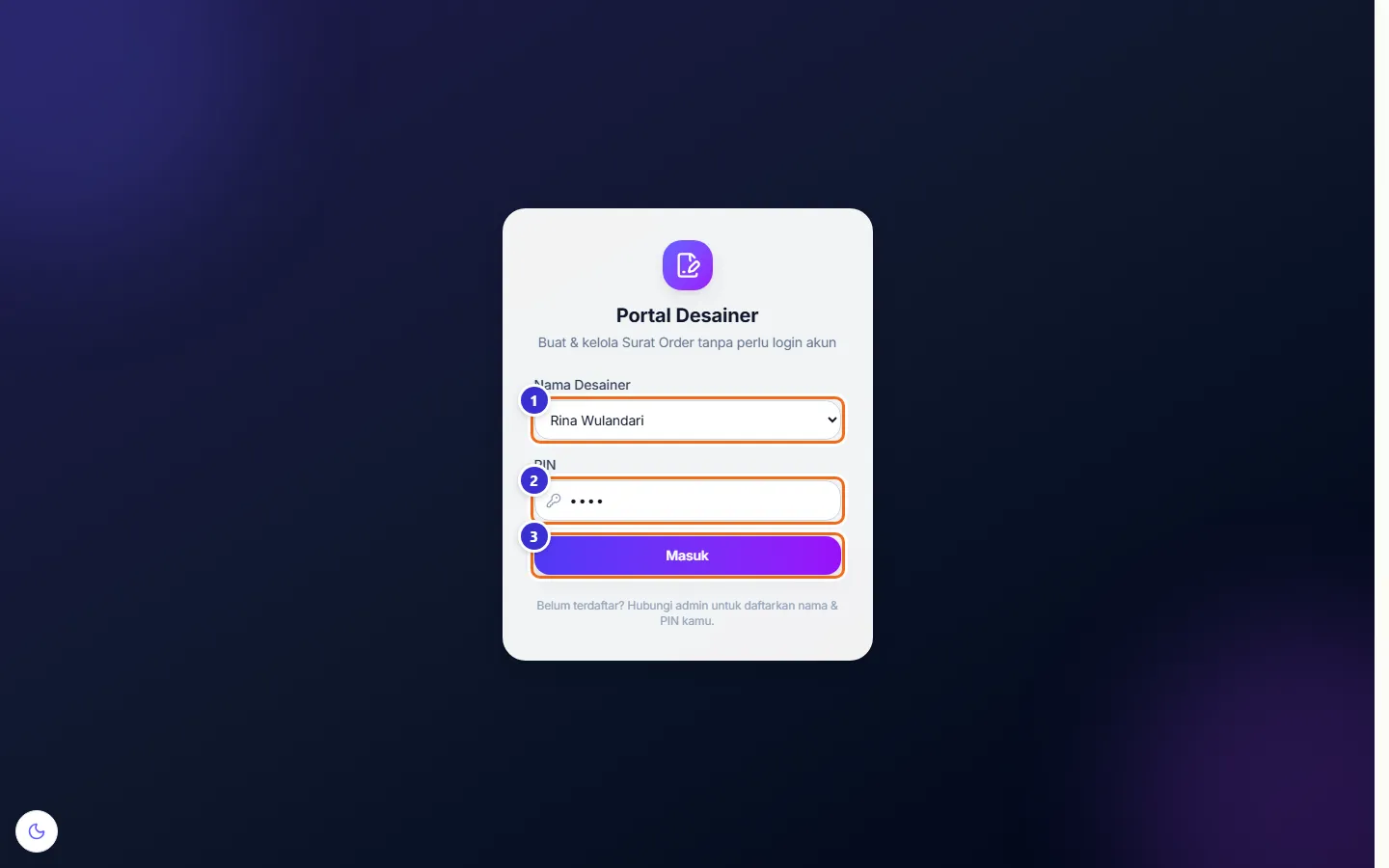 Halaman masuk Portal Desainer