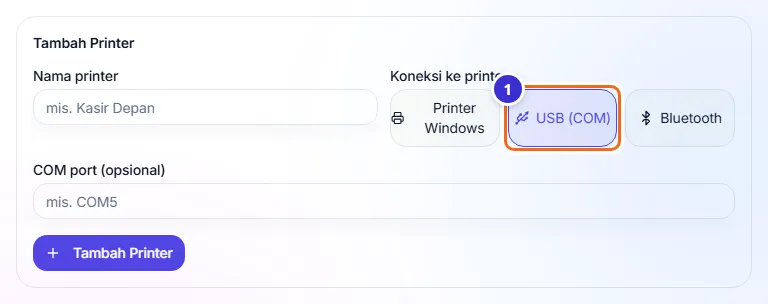 Formulir Tambah Printer dengan pilihan USB (COM) aktif dan kolom COM port