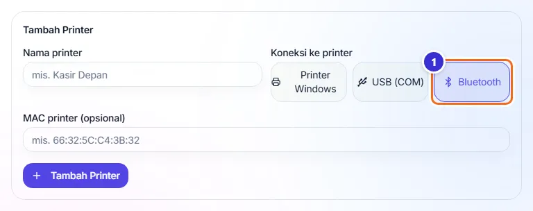 Formulir Tambah Printer dengan pilihan Bluetooth aktif dan kolom MAC printer