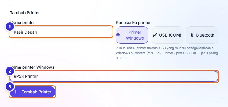 Formulir Tambah Printer berisi Kasir Depan dan RP58 Printer
