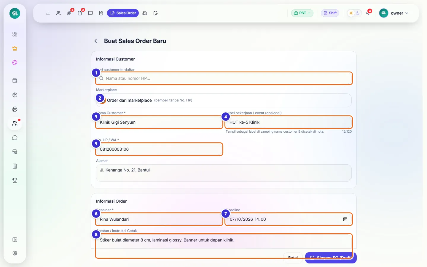 Formulir SO bagian informasi customer dan informasi order
