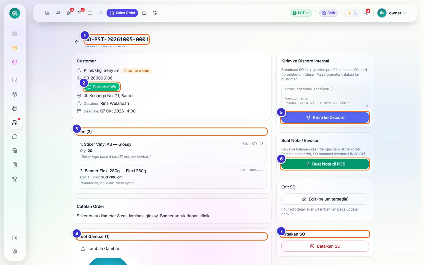 Detail SO dengan data customer, item, proof, dan panel aksi di kanan