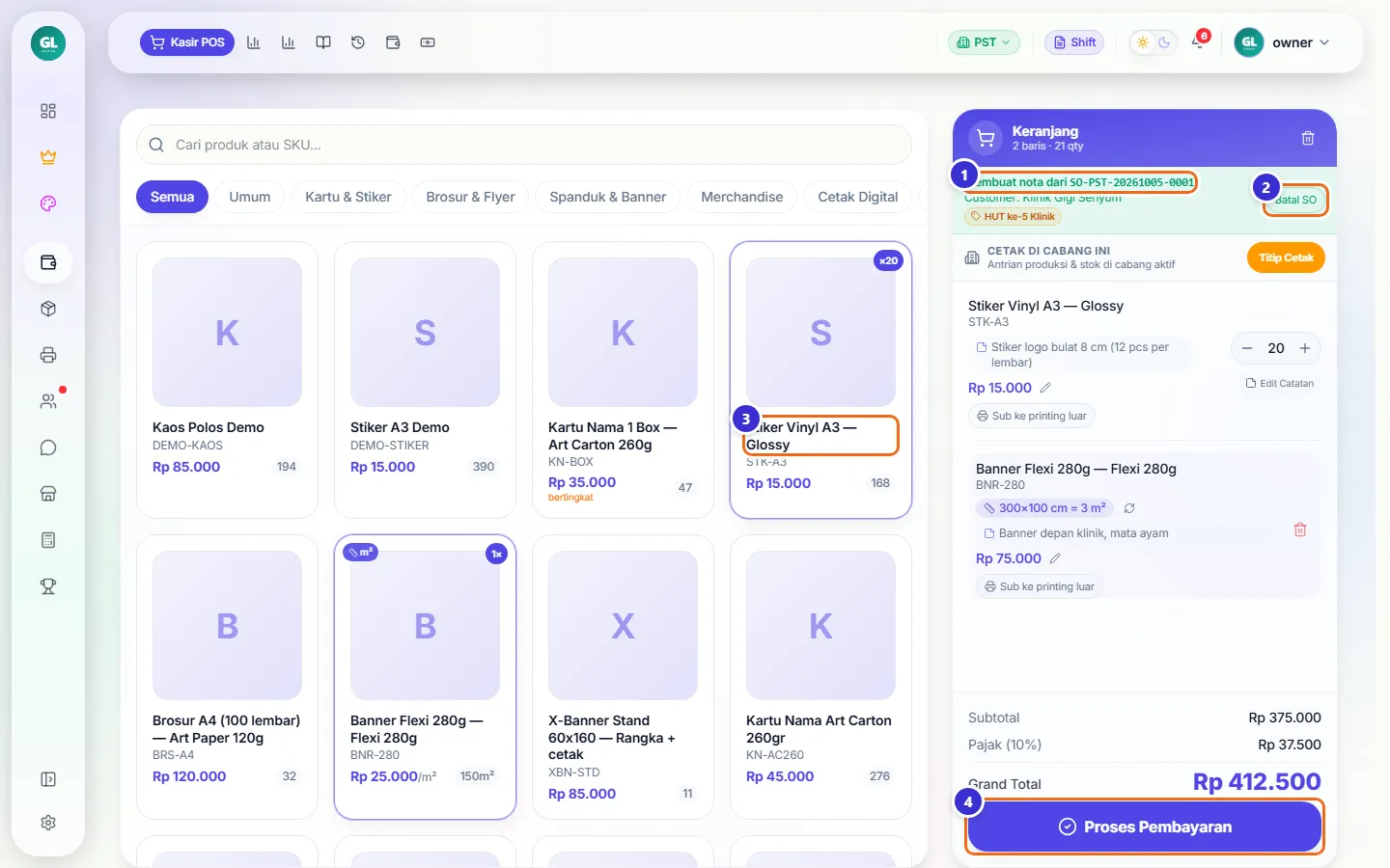 Layar kasir dengan pita hijau "Membuat nota dari SO"