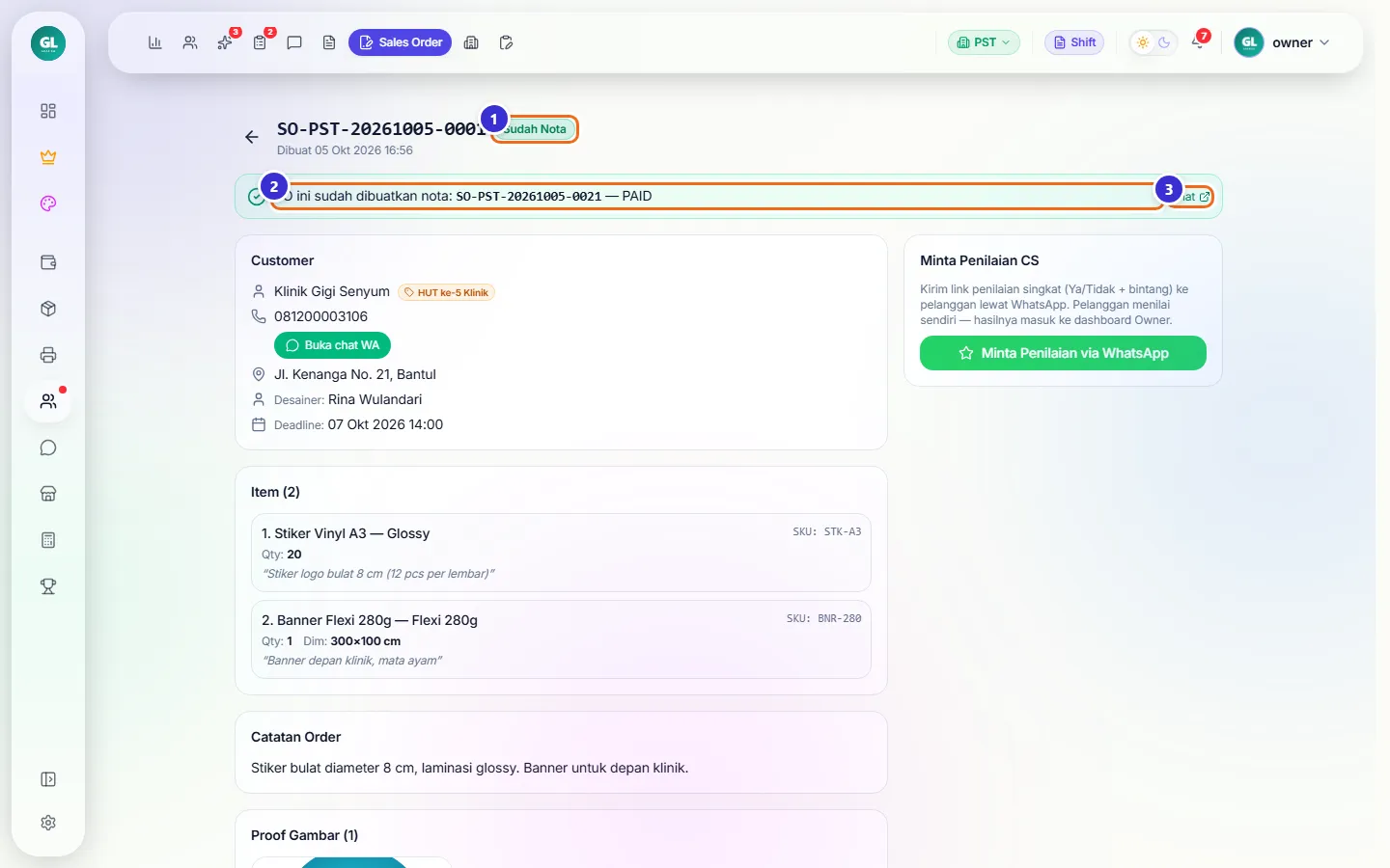 Detail SO berstatus Sudah Nota dengan pita hijau nomor nota