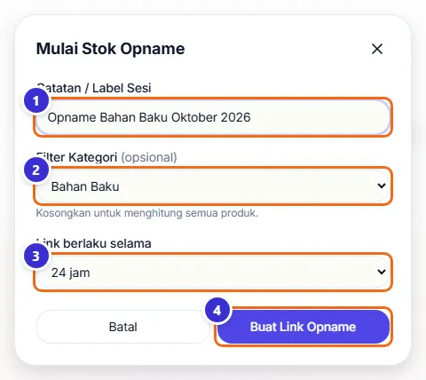 Jendela Mulai Stok Opname dengan label Opname Bahan Baku Oktober 2026, kategori Bahan Baku, berlaku 24 jam