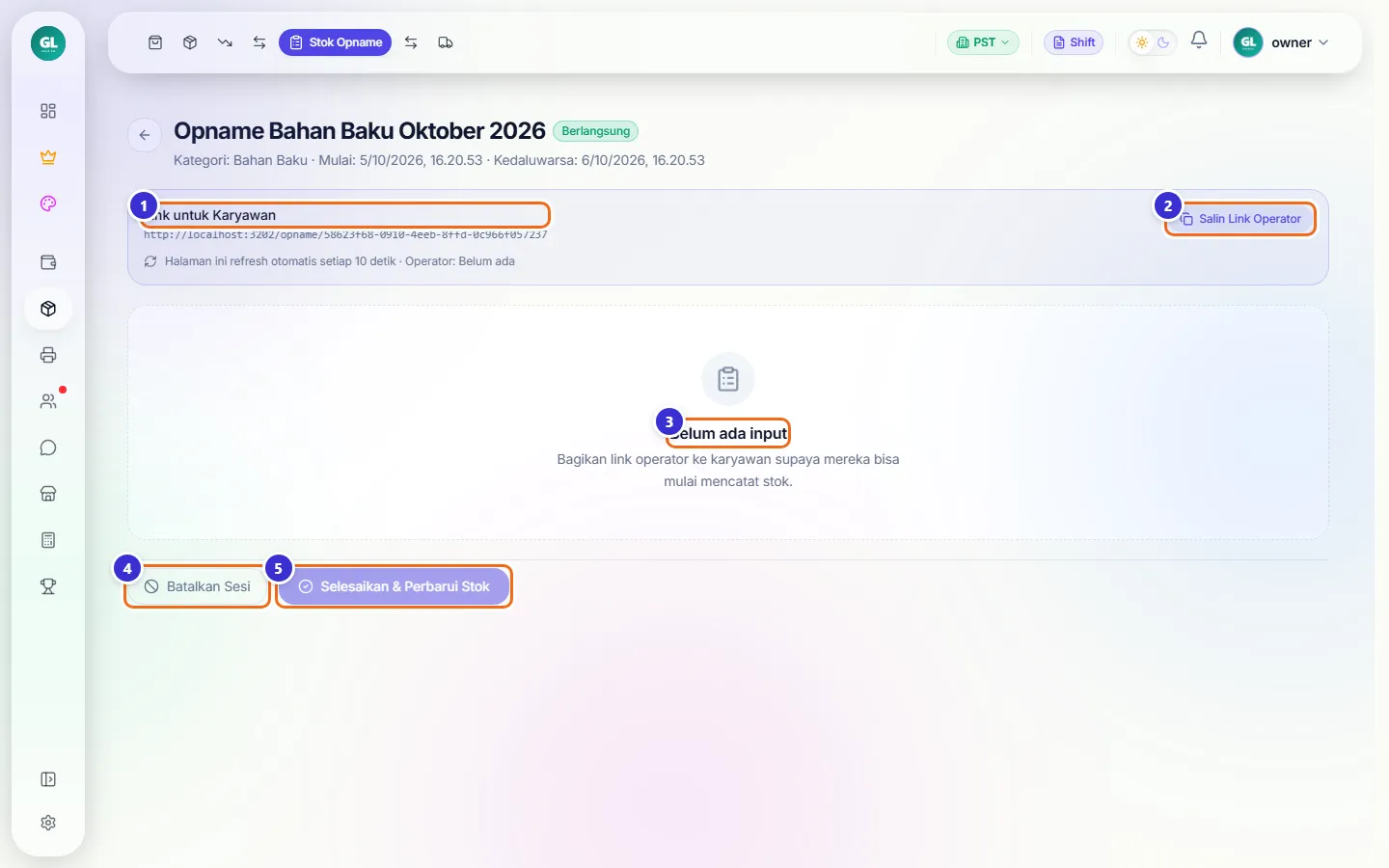 Detail sesi opname dengan kotak Link untuk Karyawan dan keterangan Belum ada input