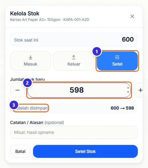 Jendela Kelola Stok tab Setel dengan jumlah stok baru 598