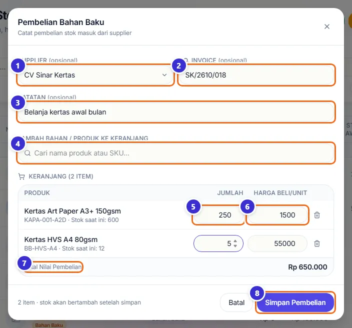 Jendela Pembelian Bahan Baku dengan supplier CV Sinar Kertas dan dua barang di keranjang