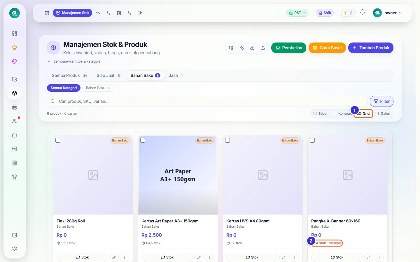 Tampilan Grid bahan baku dengan Rangka X-Banner bertanda 4 stok menipis